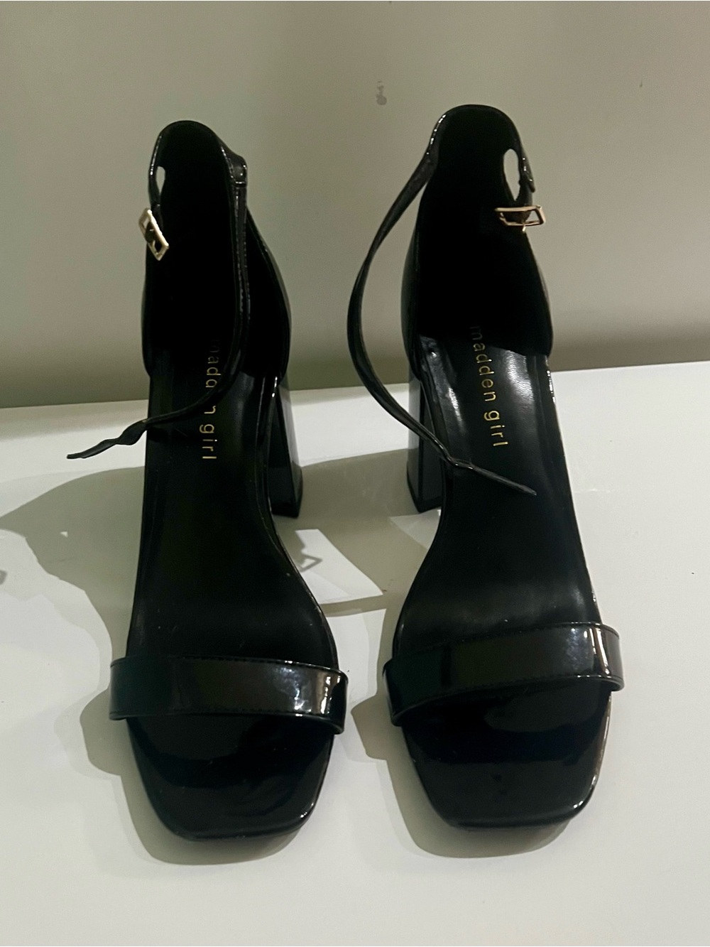 Madden Girl Black Patent Ankle-Strap Block Heels